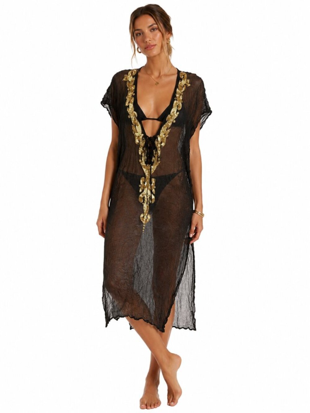 Manish Vaid Dress Cover-Up Size M Black Gold Embellished Resort Beach Poolside